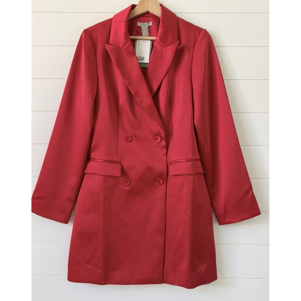 H&M Red Satin Longline Blazer Dress Double Breasted Size S NWT Party Holiday